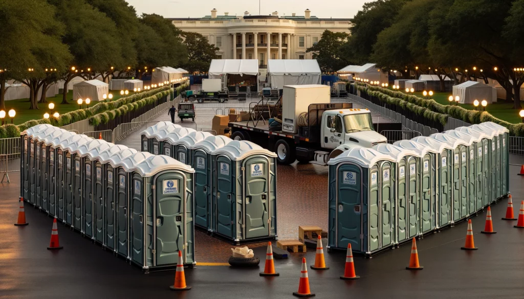 Festival porta potty bank with barricades in Vancouver, Washington